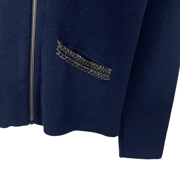 Chico's Moto Style Knit Jacket Navy Metallic Trim Womens 8 - Picture 2 of 6